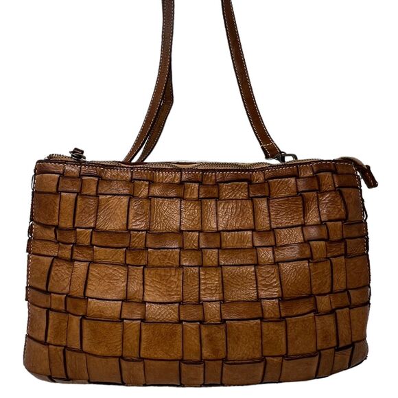 Costanza Rota Tan Woven Crossbody Leather Bag Purse Brown Made‎ In Italy - Picture 1 of 10